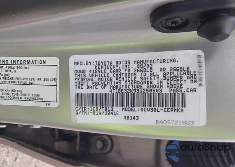 2003 Toyota Camry Le из США, поврежденный, VIN 4T1BE32K93U250503